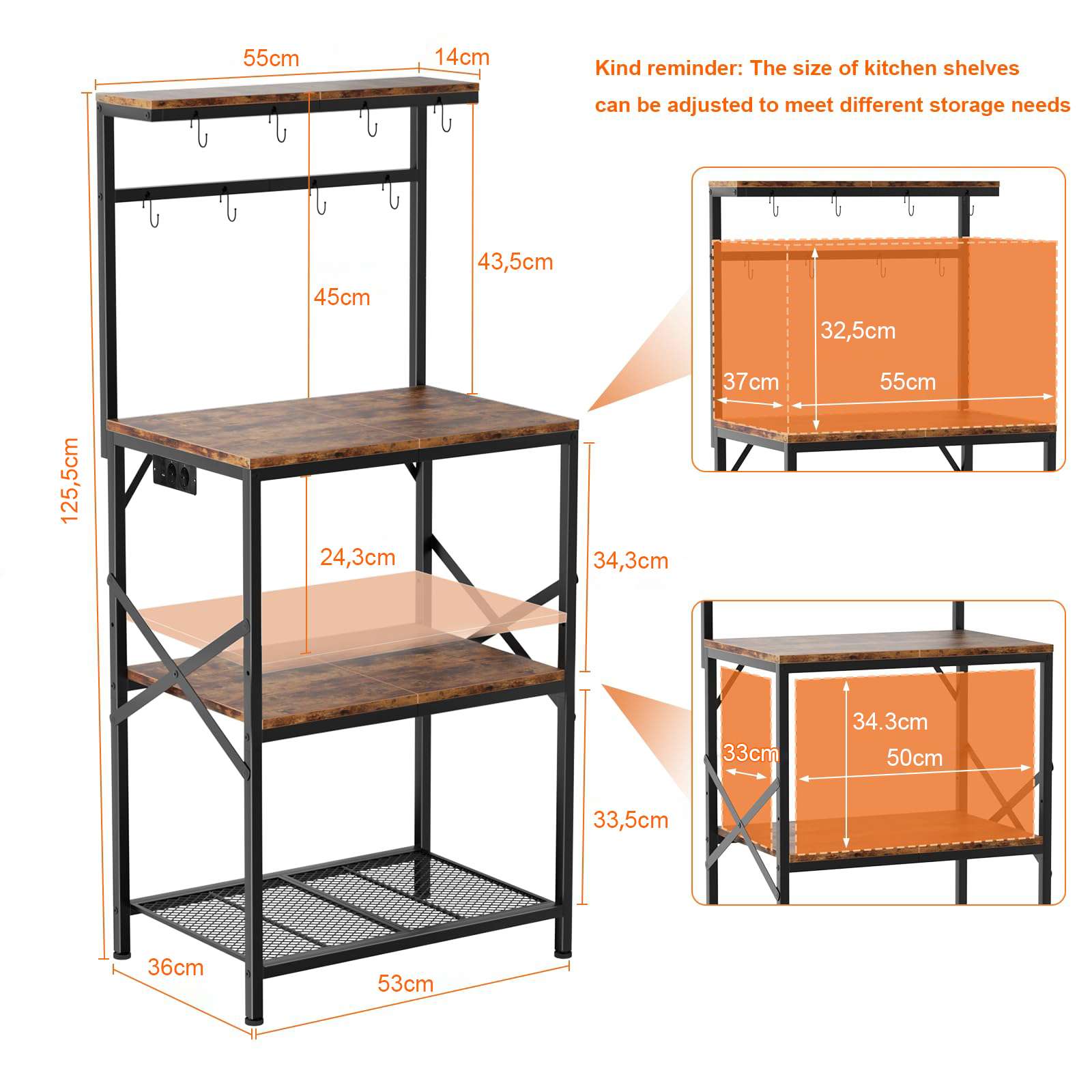3 Tier Bakers Rack with Power Outlet, Kitchen Shelves Microwave Stand with Wire